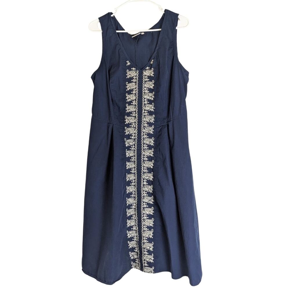eshakti Navy Blue Sleeveless Embroidered Cotton Dress